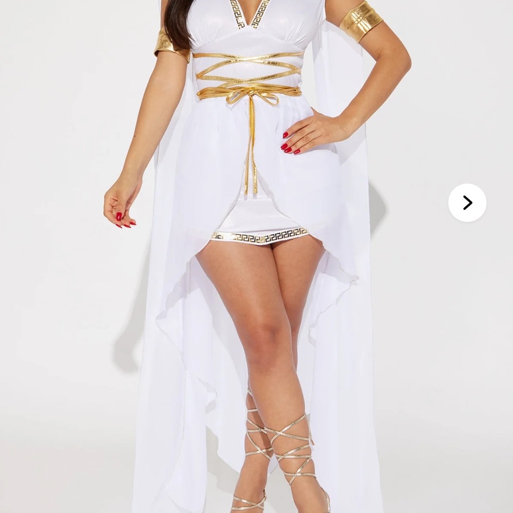Fashion Nova White and Gold High Low Goddess Dress